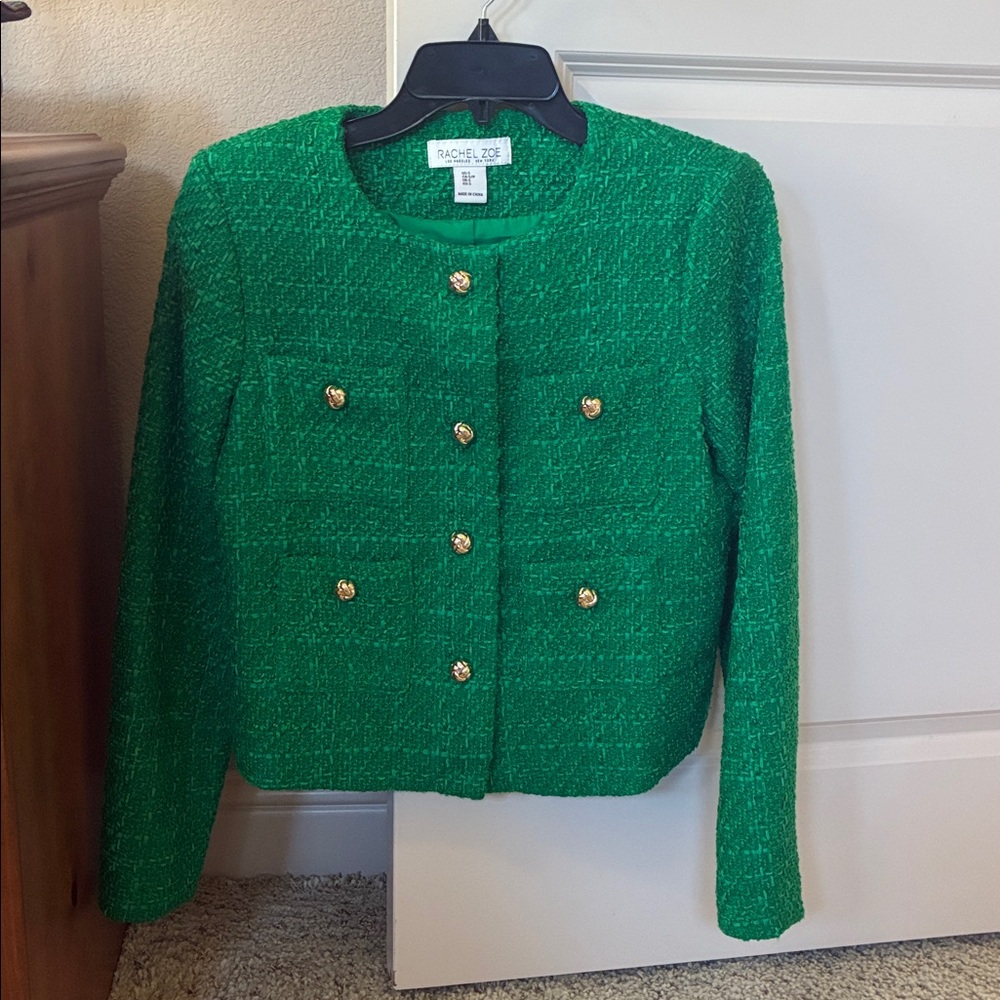 Rachel Zoe Green Tweed Blazer Structured Cropped